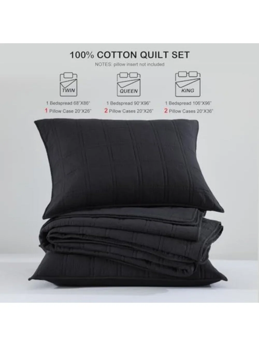 Cozy 100% Cotton Queen Quilt Set, Lightweight Charcoal Bedspread & 2 Shams